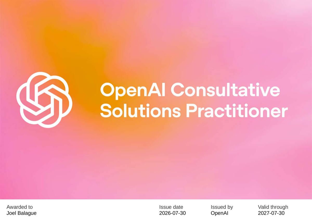 Certificado de OpenAI Consultative Solutions Practitioner otorgado a Joel Balagué.