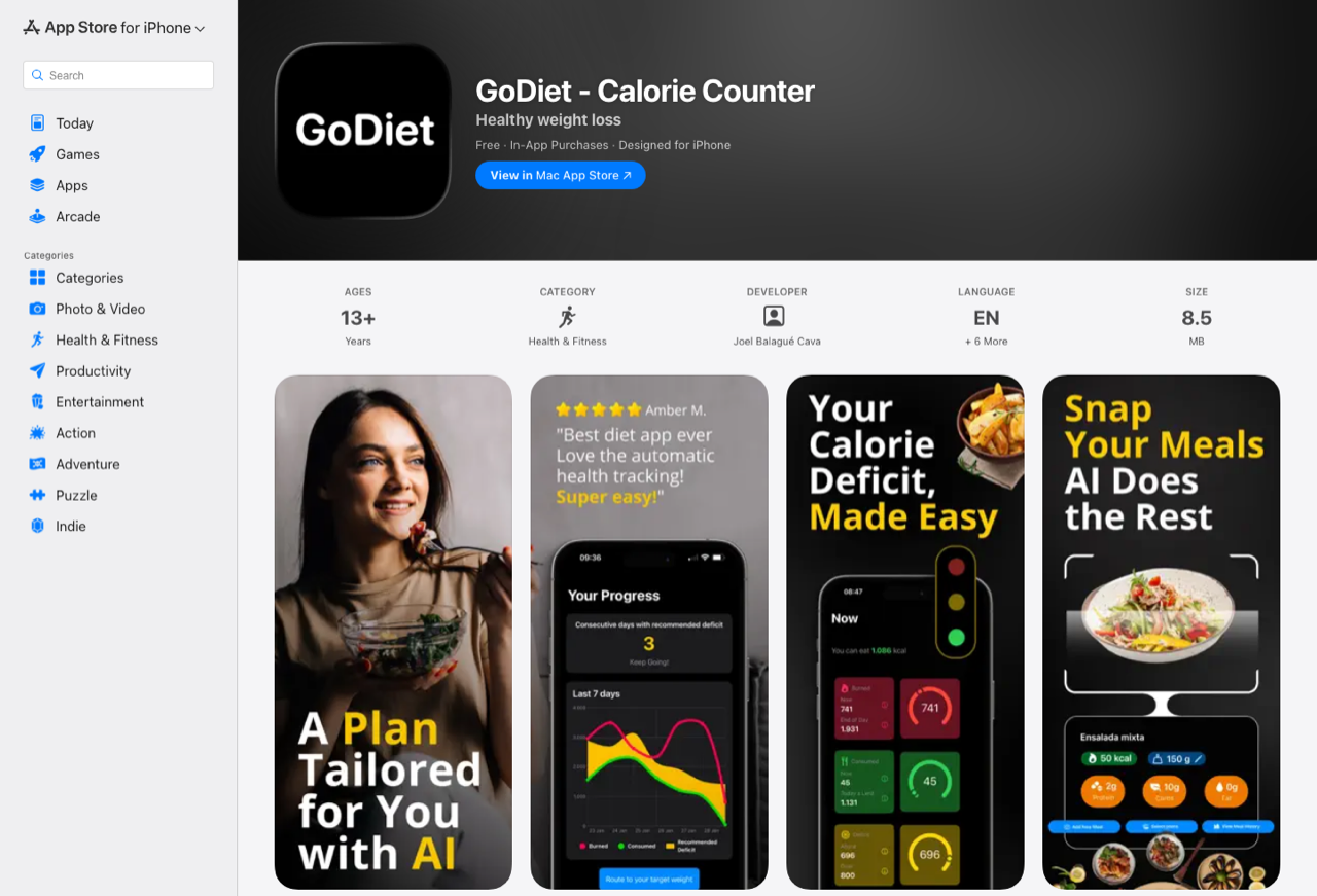 Captura de GoDiet en la App Store.